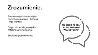 Zrozumienie.
Punktem wyjścia zawsze jest
zrozumienie potrzeb - biznesu  
i jego klientów.

Dotyczy to każdego projektu.  
W takim samym stopniu.

Słuchamy głosu klientów.
NO ONE IS AS DEAF 
AS THE MAN WHO 
WILL NOT LISTEN
 