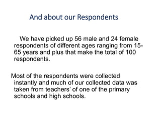 And about our Respondents
We have picked up 56 male and 24 female
respondents of different ages ranging from 15-
65 years and plus that make the total of 100
respondents.
Most of the respondents were collected
instantly and much of our collected data was
taken from teachers’ of one of the primary
schools and high schools.
 