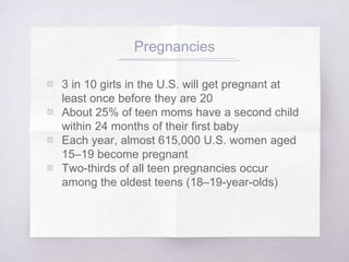 Pregnancies 
▧ 3 in 10 girls in the U.S. will get pregnant at 
least once before they are 20 
▧ About 25% of teen moms have a second child 
within 24 months of their first baby 
▧ Each year, almost 615,000 U.S. women aged 
15–19 become pregnant 
▧ Two-thirds of all teen pregnancies occur 
among the oldest teens (18–19-year-olds) 
 