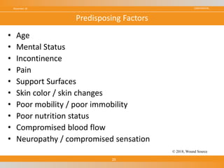 CONFIDENTIAL
• Age
• Mental Status
• Incontinence
• Pain
• Support Surfaces
• Skin color / skin changes
• Poor mobility / poor immobility
• Poor nutrition status
• Compromised blood flow
• Neuropathy / compromised sensation
November 18
20
Predisposing Factors
© 2018, Wound Source
 
