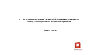• Lots of components between VM and physical networking infrastructure
causing scalability issues and performance degradation.
• Context switches
 