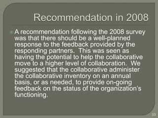 A recommendation following the 2008 survey 
was that there should be a well-planned 
response to the feedback provided by the 
responding partners. This was seen as 
having the potential to help the collaborative 
move to a higher level of collaboration. We 
suggested that the collaborative administer 
the collaborative inventory on an annual 
basis, or as needed, to provide on-going 
feedback on the status of the organization’s 
functioning. 
33 
 