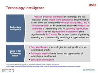 Technology intelligence
Source: René Rohrbeck, Jórg Heuer, Heinrich Arnold, Deutsche Telekom Laboratories
https://www.slideshare.net/Rohrbeck/the-technology-radar-a-tool-of-technology-intelligence-and-innovation-strategy
 