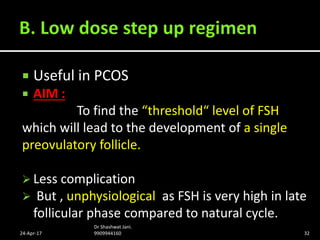  Useful in PCOS
 AIM :
To find the “threshold“ level of FSH
which will lead to the development of a single
preovulatory ...