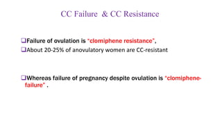 CC Failure & CC Resistance
Failure of ovulation is “clomiphene resistance”,
About 20-25% of anovulatory women are CC-resistant
Whereas failure of pregnancy despite ovulation is “clomiphene-
failure” .
 