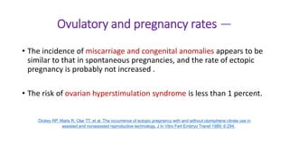 Ovulatory and pregnancy rates —
• The incidence of miscarriage and congenital anomalies appears to be
similar to that in spontaneous pregnancies, and the rate of ectopic
pregnancy is probably not increased .
• The risk of ovarian hyperstimulation syndrome is less than 1 percent.
Dickey RP, Matis R, Olar TT, et al. The occurrence of ectopic pregnancy with and without clomiphene citrate use in
assisted and nonassisted reproductive technology. J In Vitro Fert Embryo Transf 1989; 6:294.
 