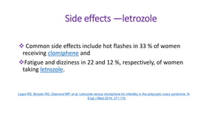Side effects —letrozole
 Common side effects include hot flashes in 33 % of women
receiving clomiphene and
Fatigue and dizziness in 22 and 12 %, respectively, of women
taking letrozole.
Legro RS, Brzyski RG, Diamond MP, et al. Letrozole versus clomiphene for infertility in the polycystic ovary syndrome. N
Engl J Med 2014; 371:119.
 