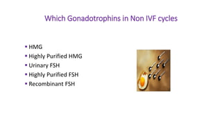 Which Gonadotrophins in Non IVF cycles
 HMG
 Highly Purified HMG
 Urinary FSH
 Highly Purified FSH
 Recombinant FSH
 