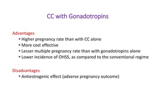 CC with Gonadotropins
Advantages
 Higher pregnancy rate than with CC alone
 More cost effective
 Lesser multiple pregnancy rate than with gonadotropins alone
 Lower incidence of OHSS, as compared to the conventional regime
Disadvantages
 Antiestrogenic effect (adverse pregnancy outcome)
 