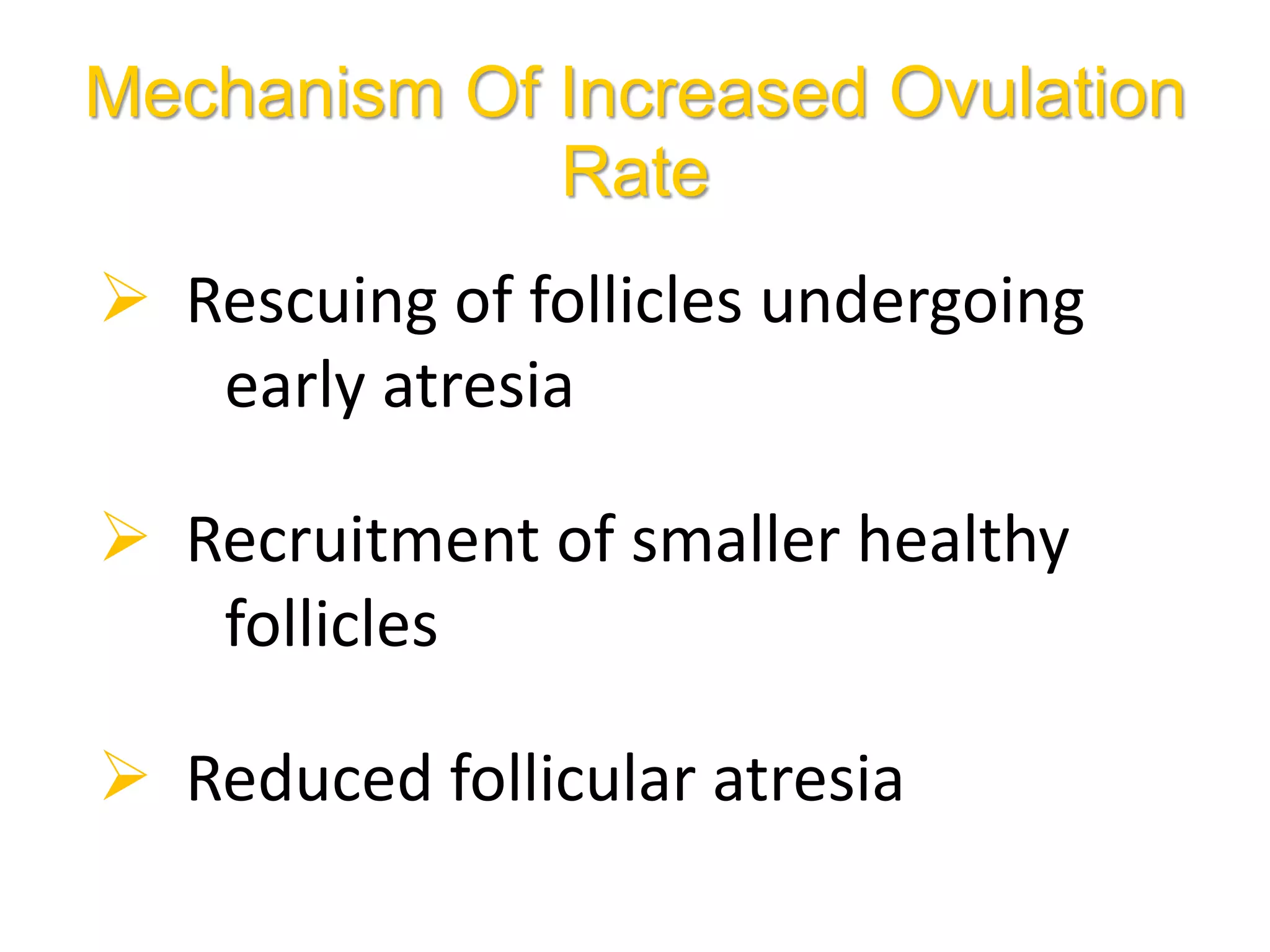 Mechanism Of Increased Ovulation
Rate
 Rescuing of follicles undergoing
early atresia
 Recruitment of smaller healthy
follicles
 Reduced follicular atresia
 