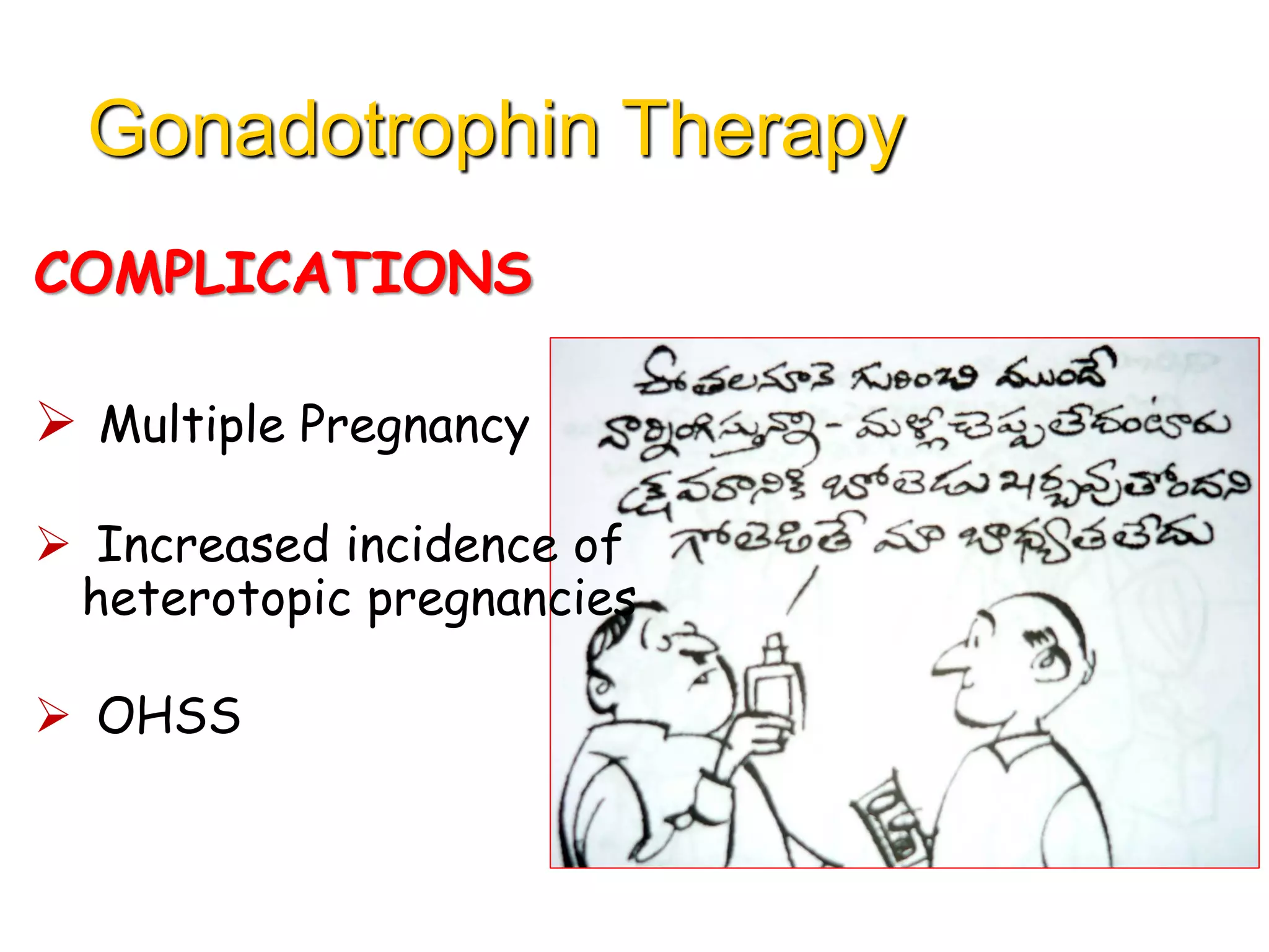 COMPLICATIONS
 Multiple Pregnancy
 Increased incidence of
heterotopic pregnancies
 OHSS
Gonadotrophin Therapy
 