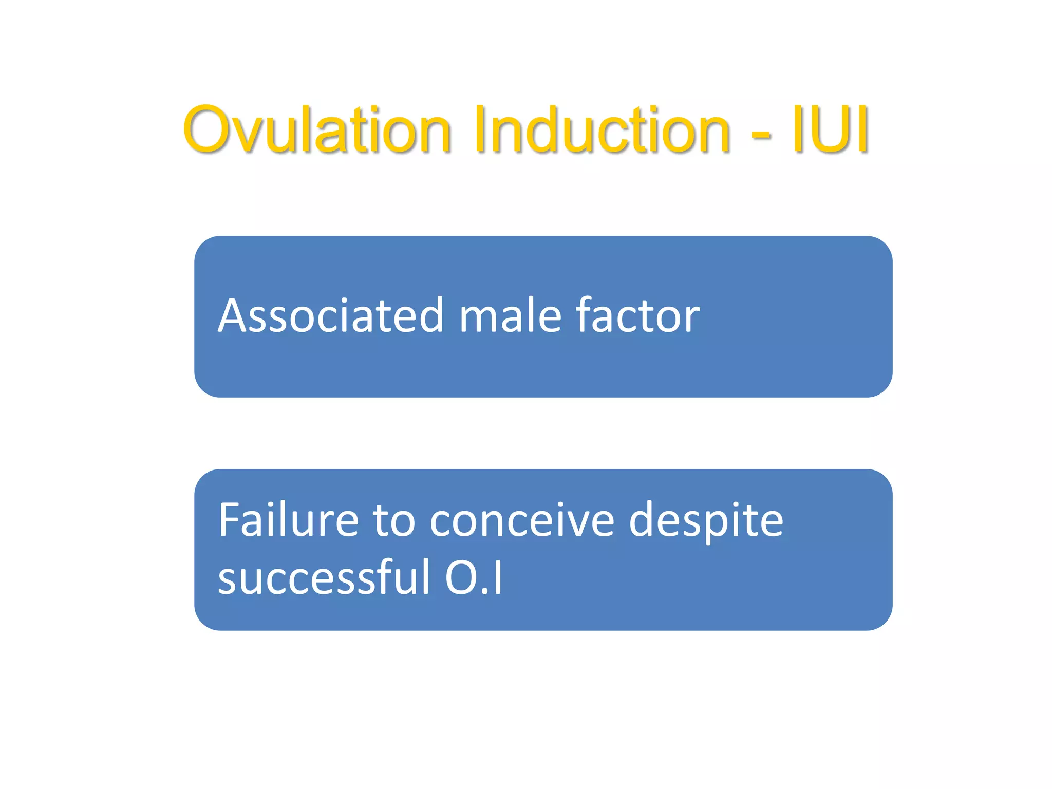 Ovulation Induction - IUI
Associated male factor
Failure to conceive despite
successful O.I
 