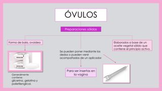 ÓVULOS
Se pueden poner mediante los
dedos o pueden venir
acompañados de un aplicador
Preparaciones sólidas
Forma de bala, ovoidea
Para ser insertas en
la vagina
Elaborados a base de un
aceite vegetal sólido que
contiene el principio activo.
Generalmente
contiene:
glicerina, gelatina y
polietilenglicol.