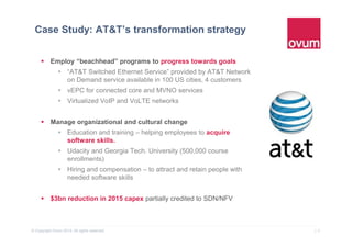 14© Copyright Ovum 2015. All rights reserved.
Case Study: AT&T’s transformation strategy
 Employ “beachhead” programs to progress towards goals
 “AT&T Switched Ethernet Service” provided by AT&T Network
on Demand service available in 100 US cities, 4 customers
 vEPC for connected core and MVNO services
 Virtualized VoIP and VoLTE networks
 Manage organizational and cultural change
 Education and training – helping employees to acquire
software skills.
 Udacity and Georgia Tech. University (500,000 course
enrollments)
 Hiring and compensation – to attract and retain people with
needed software skills
 $3bn reduction in 2015 capex partially credited to SDN/NFV
 