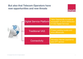 6© Copyright Ovum 2015. All rights reserved.
But also that Telecom Operators have
new opportunities and new threats
Telecom
Operators
Digital Service Platform
Traditional VAS
Connectivity
Telco Opportunity to build an
ecosystem to drive distribution
of new Digital Services
Protect existing busies and
drive efficiencies
Monetize internet experience
and OTT service
 