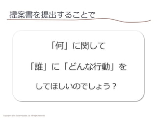 提案書を提出することで

「何」に関して
「誰」に「どんな⾏行行動」を
してほしいのでしょう？	

Copyright © 2013 Good Proposals, Ltd. All Rights Reserved.

 
