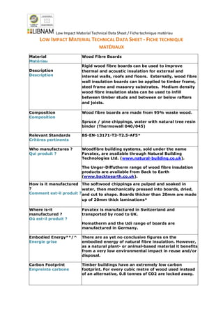 Low Impact Material Technical Data Sheet / Fiche technique matériau
LOW IMPACT MATERIAL TECHNICAL DATA SHEET - FICHE TECHNIQUE
MATÉRIAUX
Material
Matériau
Wood Fibre Boards
Description
Description
Rigid wood fibre boards can be used to improve
thermal and acoustic insulation for external and
internal walls, roofs and floors. Externally, wood fibre
wall insulation boards can be applied to timber frame,
steel frame and masonry substrates. Medium density
wood fibre insulation slabs can be used to infill
between timber studs and between or below rafters
and joists.
Composition
Composition
Wood fibre boards are made from 95% waste wood.
Spruce / pine chippings, water with natural tree resin
binder (Thermowall 040/045)
Relevant Standards
Critères pertinents
BS-EN-13171-T3-T2.5-AF5*
Who manufactures ?
Qui produit ?
Woodfibre building systems, sold under the name
Pavatex, are available through Natural Building
Technologies Ltd. (www.natural-building.co.uk).
The Unger-Diffutherm range of wood fibre insulation
products are available from Back to Earth
(www.backtoearth.co.uk).
How is it manufactured
?
Comment est-il produit ?
The softwood chippings are pulped and soaked in
water, then mechanically pressed into boards, dried,
and cut to shape. Boards thicker than 20mm are made
up of 20mm thick laminations*
Where is-it
manufactured ?
Où est-il produit ?
Pavatex is manufactured in Switzerland and
transported by road to UK.
Homatherm and the Udi range of boards are
manufactured in Germany.
Embodied Energy**/^
Energie grise
There are as yet no conclusive figures on the
embodied energy of natural fibre insulation. However,
as a natural plant- or animal-based material it benefits
from a very low environmental impact in reuse and/or
disposal.
Carbon Footprint
Empreinte carbone
Timber buildings have an extremely low carbon
footprint. For every cubic metre of wood used instead
of an alternative, 0.8 tonnes of CO2 are locked away.
 