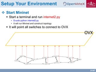 21/47
Setup Your Environment
 Start Mininet
 Start a terminal and run internet2.py
• $ sudo python internet2.py
• It will run Mininet and construct topology
 It will point all switches to connect to OVX
OVX
 