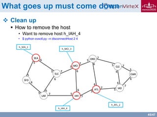 45/47
What goes up must come down
 Clean up
 How to remove the host
• Want to remove host h_IAH_4
• $ python ovxctl.py –n disconnectHost 2 4
h_SEA_1
h_MCI_3
h_IAH_4
h_ATL_2
 