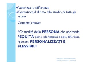 Valorizza le differenze
Garantisce il diritto allo studio di tutti gli
alunni
Concetti chiave:
*Centralità della PERSONA che apprende
*EQUITÀ come valorizzazione delle differenze
*percorsi PERSONALIZZATI E
FLESSIBILI
USR Liguria - Formazione personale
docente neoassunto a.s. 2015/2016
 