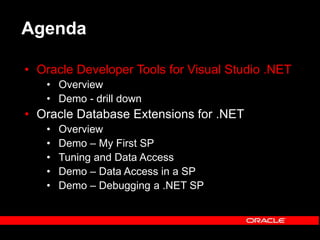 Agenda
• Oracle Developer Tools for Visual Studio .NET
• Overview
• Demo - drill down
• Oracle Database Extensions for .NET
• Overview
• Demo – My First SP
• Tuning and Data Access
• Demo – Data Access in a SP
• Demo – Debugging a .NET SP
 