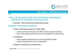 6
Cas d’usage 1 – Flexibilité et simplicité
« Peu » de documents et de méta-informations, classification
antérieure non fo...