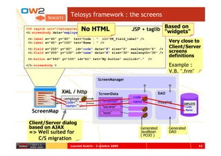Telosys framework : the screens
                                                                      Based on
                             No HTML
<%@ taglib uri="/telosys/widgets" prefix="t" %>
<t:screenbody data="employe" >
                                                         JSP + taglib "widgets"
<t:label x="40" y="60" txt="Code : " cl="PK_field_label" />
<t:label x="40" y="100" txt="Name : " />                                        Very close to
<t:field x="200" y="60" id="code" data="#" size="6" maxlength="6" />
                                                                                Client/Server
<t:field x="200" y="100" id="name" data="#" size="30" maxlength="30" />         screens
                                                                                definitions
<t:button x="460" y="100" id="b1" txt=“My button" onclick="…"     />

</t:screenbody >                                                                Example :
                                                                                V.B. ".frm"
                                        ScreenManager


                   XML / http            ScreenData                       DAO
                   <employe                              . code
                    code=""                "employe"     . name           mapping      EMPLOYE
                    name="" />             "societe"                                   . Code
   ScreenMap                               "xxxx"
                                                                                       . Name




 Client/Server dialog
 based on AJAX                                                Generated         Generated
 => Well suited for                                           JavaBean          DAO
                                                              ( POJO )
      C/S migration
                       Laurent Guérin - 2 octobre 2009                                           13
 