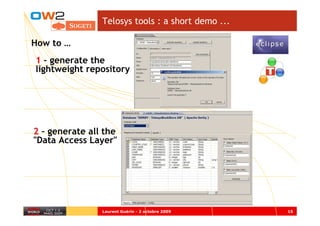 Telosys tools : a short demo ...

How to …
1 – generate the
lightweight repository




2 – generate all the
"Data Access Layer"




                Laurent Guérin - 2 octobre 2009    15
 