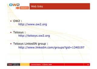Web links




• OW2 :
    http://www.ow2.org

• Telosys :
      http://telosys.ow2.org

• Telosys LinkedIN group :
      http://www.linkedin.com/groups?gid=1340197




              Laurent Guérin - 2 octobre 2009      19
 