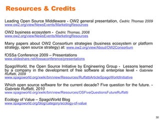 Resources & Credits
Leading Open Source Middleware - OW2 general presentation, Cedric Thomas 2009
www.ow2.org/view/NewsEvents/MarketingResources

OW2 business ecosystem - Cedric Thomas, 2008
www.ow2.org/view/NewsEvents/MarketingResources

Many papers about OW2 Consortium strategies (business ecosystem or platform
strategy, open source strategy) at: www.ow2.org/view/About/OW2Consortium
fOSSa Conference 2009 – Presentations
www.slideshare.net/fossaconference/presentations

SpagoWorld, the Open Source Initiative by Engineering Group - Lessons learned
by a company in the development of free software at enterprise level - Gabriele
Ruffatti, 2009
www.spagoworld.org/xwiki/bin/view/Resources/RuffattiArticleSpagoWorldInitiative

Which open source software for the current decade? Five question for the future. -
Gabriele Ruffatti, 2010
www.spagoworld.org/xwiki/bin/view/Resources/OSFiveQuestionsFutureRuffatti

Ecology of Value – SpagoWorld Blog
www.spagoworld.org/blog/category/ecology-of-value


                                                                                     30
 