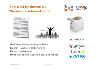 OW2 Consortium 2010 www.ow2.org
The « BI Initiative » :
The results achieved so far
Open Source Business Intelligence Adoption
End users’ scenarios for OS BI Platforms
End users’ success stories
Open Source Research Issues for BI and OS BI Platforms
BI APPLIANCE
 