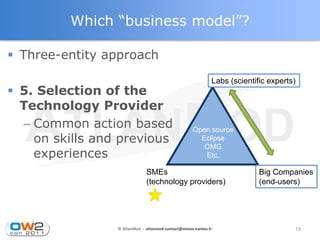 Which “business model”?

 Three-entity approach
                                                             Labs (scientific experts)
 5. Selection of the
  Technology Provider
  – Common action based                             Open source
    on skills and previous                            Eclipse
                                                       OMG
    experiences                                        Etc.

                              SMEs                                         Big Companies
                              (technology providers)                       (end-users)




                 © AtlanMod - atlanmod-contact@mines-nantes.fr                       19
 