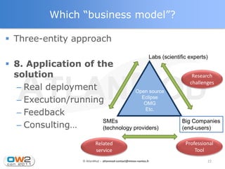 Which “business model”?

 Three-entity approach
                                                                  Labs (scientific experts)
 8. Application of the
  solution                                                                          Research
                                                                                   challenges
   – Real deployment               Open source
   – Execution/running               Eclipse
                                      OMG

   – Feedback                          Etc.


   – Consulting…
                      SMEs                                                      Big Companies
                      (technology providers)                                    (end-users)

                              Related                                            Professional
                              service                                                Tool
                      © AtlanMod - atlanmod-contact@mines-nantes.fr                       22
 