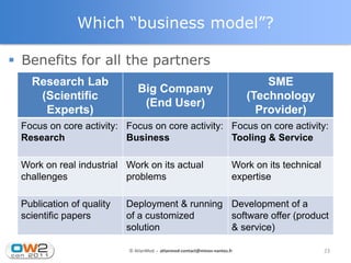 Which “business model”?

 Benefits for all the partners
   Research Lab                                                               SME
                             Big Company
    (Scientific                                                           (Technology
                              (End User)
     Experts)                                                               Provider)
 Focus on core activity: Focus on core activity: Focus on core activity:
 Research                Business                Tooling & Service

 Work on real industrial Work on its actual                           Work on its technical
 challenges              problems                                     expertise

 Publication of quality   Deployment & running Development of a
 scientific papers        of a customized      software offer (product
                          solution             & service)

                          © AtlanMod - atlanmod-contact@mines-nantes.fr                       23
 