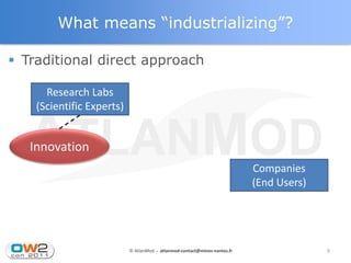 What means “industrializing”?

 Traditional direct approach

      Research Labs
    (Scientific Experts)


   Innovation
                                                                           Companies
                                                                           (End Users)




                           © AtlanMod - atlanmod-contact@mines-nantes.fr                 9
 