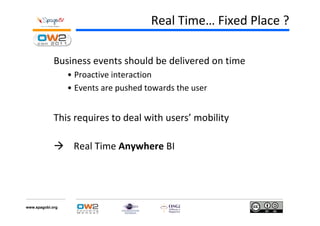 Real Time… Fixed Place ?

             Business events should be delivered on time
                  • Proactive interaction
                  • Events are pushed towards the user


             This requires to deal with users’ mobility

                   Real Time Anywhere BI




www.spagobi.org
 