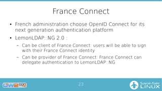 23
France Connect
● French administration choose OpenID Connect for its
next generation authentication platform
● LemonLDA...