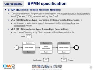 Choreography             BPMN specification
 BPMN (Business Process Modeling Notation)
   “De-facto standard for process modeling on the implementation independent
     level” [Decker, 2008], maintained by the OMG
   v1.x (2004) follows type I paradigm (Interconnected Interfaces) :
     participants = swim lanes (pools), interconnected by message flow, in a
      collaboration model
   v2.0 (2010) introduces type II paradigm (Interaction):
     each step (Choreography Task) involves at least two participants
               Order



                       Customer                    Customer        Customer

                                                     Order
                   Order request                                 Deliver product
                                                  confirmation

                        Seller                       Seller          Seller




                                   Confirmation                                Product



                                                                                         22
 