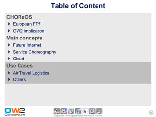 Table of Content
CHOReOS
 European FP7
 OW2 implication
Main concepts
 Future Internet
 Service Choreography
 Cloud
Use Cases
 Air Travel Logistics
 Others




                                      25
 