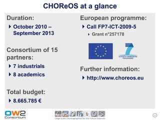 CHOReOS at a glance
Duration:             European programme:
 October 2010 –       Call FP7-ICT-2009-5
  September 2013         Grant n°257178



Consortium of 15
partners:
 7 industrials       Further information:
 8 academics
                       http://www.choreos.eu

Total budget:
 8.665.785 €

                                                3
 