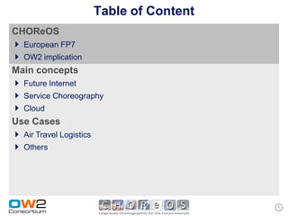 Table of Content
CHOReOS
 European FP7
 OW2 implication
Main concepts
 Future Internet
 Service Choreography
 Cloud
Use Cases
 Air Travel Logistics
 Others




                                      7
 