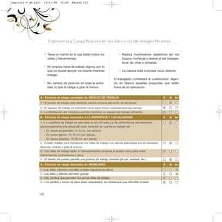 Ergonomía y Carga Postural en los Servicios de Imagen Personal
Tiene un carrito en el que están todos los
útiles y herramientas.
No emplea mesa de trabajo alguna, por lo
que no puede apoyar los brazos mientras
trabaja.
No cambia de posición en toda la activi-
dad, lo que la obliga a girar el tronco.
Realiza movimientos repetitivos (en los
brazos, muñecas y dedos) al dar masajes,
limar las uñas o pintarlas.
La cabeza está inclinada hacia delante.
El trabajador contestará al cuestionario, dejan-
do en blanco aquellas preguntas que estén
fuera de su aplicación:
132
A.- Factores de riesgo asociados AL ESPACIO DE TRABAJO
1.- El puesto de trabajo está diseñado para la correcta ejecución de las tareas.
2.- El espacio de trabajo es suficiente como para mover correctamente las piernas.
3.- La distribución del mobiliario permite mantener un espacio de trabajo suficiente.
B.- Factores de riesgo asociados A LA SUPERFICIE Y LOS ALCANCES
1.- La superficie de trabajo es adecuada al tipo de tarea y a las dimensiones del trabajador,
aproximadamente a la altura del codo, teniendo en cuenta un margen de:
- En tareas de precisión, 5-10 cm. por encima.
- En tareas ligeras, 10-15 cm. por debajo.
- En tareas pesadas, 15-30 cm. por debajo.
2.- Existen medios para transportar los útiles de trabajo con alturas adecuadas (no es necesario
flexionar, inclinar o girar el tronco).
3.- Los útiles de trabajo están lo suficientemente cercanos al puesto como para evitar
estiramientos, inclinaciones o giros.
4.- El diseño del puesto permite una postura de trabajo cómoda (de pie, sentada, etc.)
C.- Factores de riesgo asociados AL MOBILIARIO
1.- Las sillas, sillones y camillas pueden regularse en altura.
2.- Las sillas y sillones permiten girarse.
3.- Hay carritos que permiten mover los útiles de trabajo.
4.- Los pasillos y zonas de paso están despejados, sin obstáculos que dificulten el paso.
S N Av
S N Av
S N Av
x
x
x
x
x
x
x
x
x
x
x
capitulo V de pili 19/11/08 10:05 Página 132
 