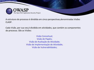 A estrutura do processo é dividida em cinco perspectivas,denominadas Visões
CLASP.

Cada Visão, por sua vez,é dividida em atividades, que contém os componentes
do processo. São as Visões:

                               Visão Conceitual;
                               Visão de Papéis;
                       Visão de Avaliação de Atividade;
                    Visão de Implementação de Atividade;
                          Visão de Vulnerabilidades;
 