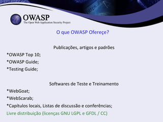 O que OWASP Ofereçe?

                       Publicações, artigos e padrões
*OWASP Top 10;
*OWASP Guide;
*Testing Guide;

                     Softwares de Teste e Treinamento
*WebGoat;
*WebScarab;
*Capítulos locais, Listas de discussão e conferências;
Livre distribuição (licenças GNU LGPL e GFDL / CC)
 