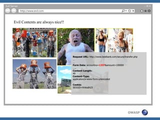 OWASP
Evil Server
http://www.evil.com
Evil Contents are always nice!!
Request URL: http://www.bestbank.com/secure/transfer.php
…
…
Form Data: accountno=1337&amount=100000
…..
Content-Length:
49
Content-Type:
application/x-www-form-urlencoded
Cookie:
SESSID=hhiksdh23
 