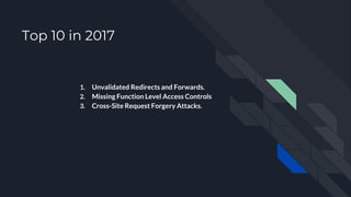 Top 10 in 2017
1. Unvalidated Redirects and Forwards.
2. Missing Function Level Access Controls
3. Cross-Site Request Forgery Attacks.
 