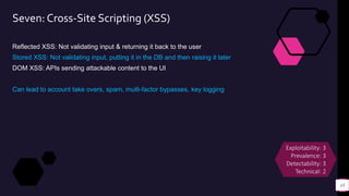 Seven: Cross-Site Scripting (XSS)
Reflected XSS: Not validating input & returning it back to the user
Stored XSS: Not validating input, putting it in the DB and then raising it later
DOM XSS: APIs sending attackable content to the UI
Can lead to account take overs, spam, multi-factor bypasses, key logging
13
Exploitability: 3
Prevalence: 3
Detectability: 3
Technical: 2
 