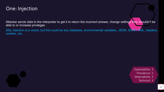One: Injection
Attacker sends data to the interpreter to get it to return the incorrect answer, change settings they shouldn’t be
able to or increase privileges
SQL Injection is a vector, but this could be any database, environmental variables, JSON, SOAP, XML, headers,
cookies, etc…
34
Exploitability: 3
Prevalence: 2
Detectability: 3
Technical: 3
 