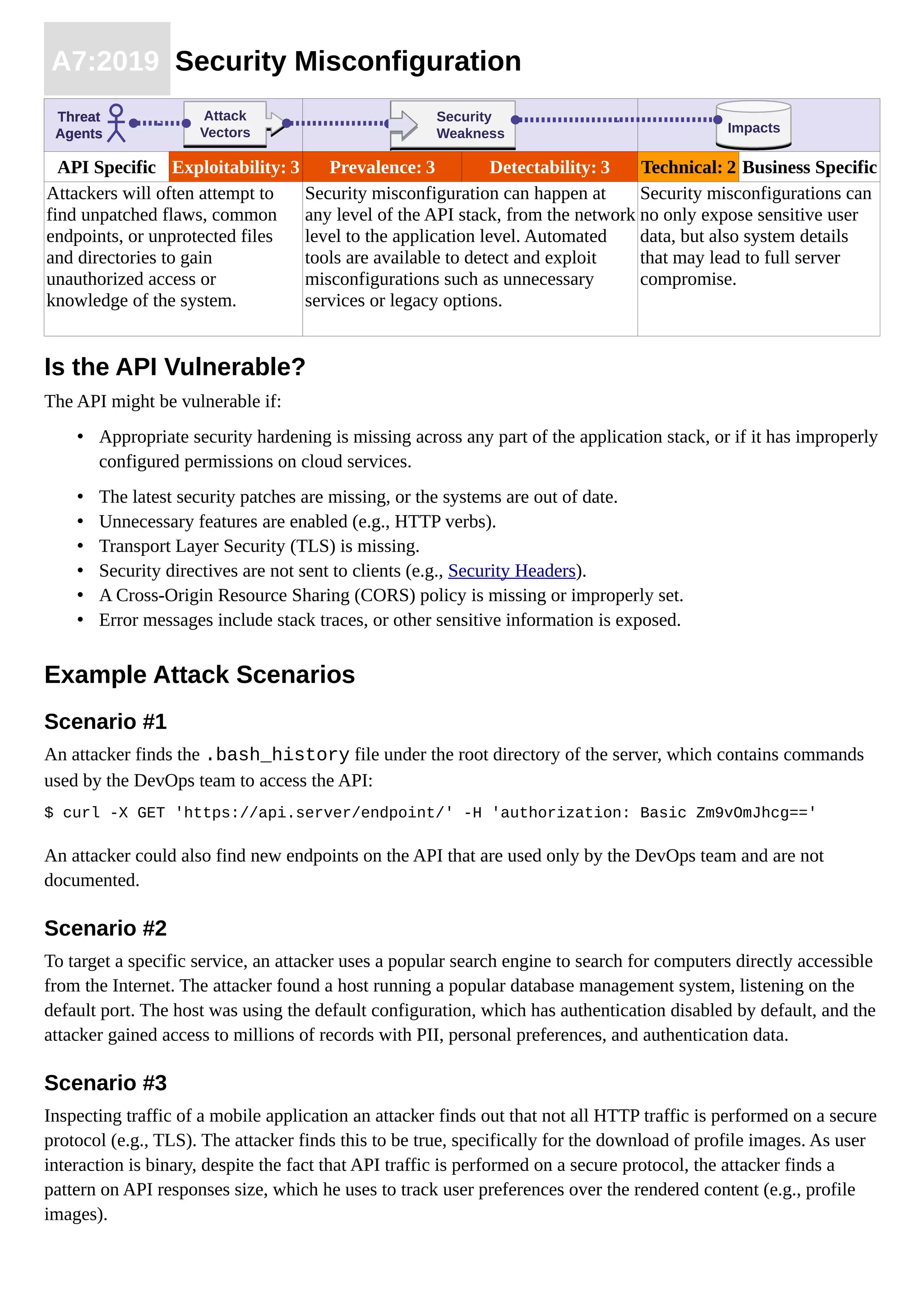 A7:2019 Security Misconfiguration
API Specific Exploitability: 3 Prevalence: 3 Detectability: 3 Technical: 2 Business Specific
Attackers will often attempt to
find unpatched flaws, common
endpoints, or unprotected files
and directories to gain
unauthorized access or
knowledge of the system.
Security misconfiguration can happen at
any level of the API stack, from the network
level to the application level. Automated
tools are available to detect and exploit
misconfigurations such as unnecessary
services or legacy options.
Security misconfigurations can
no only expose sensitive user
data, but also system details
that may lead to full server
compromise.
Is the API Vulnerable?
The API might be vulnerable if:
• Appropriate security hardening is missing across any part of the application stack, or if it has improperly
configured permissions on cloud services.
• The latest security patches are missing, or the systems are out of date.
• Unnecessary features are enabled (e.g., HTTP verbs).
• Transport Layer Security (TLS) is missing.
• Security directives are not sent to clients (e.g., Security Headers).
• A Cross-Origin Resource Sharing (CORS) policy is missing or improperly set.
• Error messages include stack traces, or other sensitive information is exposed.
Example Attack Scenarios
Scenario #1
An attacker finds the .bash_history file under the root directory of the server, which contains commands
used by the DevOps team to access the API:
$ curl -X GET 'https://api.server/endpoint/' -H 'authorization: Basic Zm9vOmJhcg=='
An attacker could also find new endpoints on the API that are used only by the DevOps team and are not
documented.
Scenario #2
To target a specific service, an attacker uses a popular search engine to search for computers directly accessible
from the Internet. The attacker found a host running a popular database management system, listening on the
default port. The host was using the default configuration, which has authentication disabled by default, and the
attacker gained access to millions of records with PII, personal preferences, and authentication data.
Scenario #3
Inspecting traffic of a mobile application an attacker finds out that not all HTTP traffic is performed on a secure
protocol (e.g., TLS). The attacker finds this to be true, specifically for the download of profile images. As user
interaction is binary, despite the fact that API traffic is performed on a secure protocol, the attacker finds a
pattern on API responses size, which he uses to track user preferences over the rendered content (e.g., profile
images).
ImpactsImpacts
Threat
Agents
Attack
Vectors
Attack
Vectors
Security
Weakness
Security
Weakness ImpactsImpacts
Threat
Agents
Attack
Vectors
Attack
Vectors
Security
Weakness
Security
Weakness ImpactsImpacts
Threat
Agents
Attack
Vectors
Attack
Vectors
Security
Weakness
Security
Weakness ImpactsImpacts
Threat
Agents
Attack
Vectors
Attack
Vectors
Security
Weakness
Security
Weakness ImpactsImpacts
Threat
Agents
Attack
Vectors
Attack
Vectors
Security
Weakness
Security
Weakness ImpactsImpacts
Threat
Agents
Attack
Vectors
Attack
Vectors
Security
Weakness
Security
Weakness
 