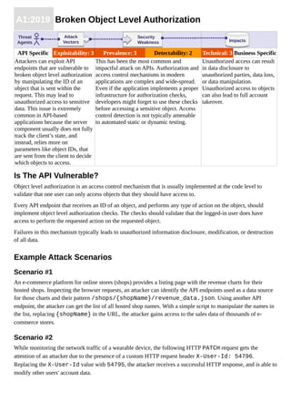 A1:2019 Broken Object Level Authorization
API Specific Exploitability: 3 Prevalence: 3 Detectability: 2 Technical: 3 Business Specific
Attackers can exploit API
endpoints that are vulnerable to
broken object level authorization
by manipulating the ID of an
object that is sent within the
request. This may lead to
unauthorized access to sensitive
data. This issue is extremely
common in API-based
applications because the server
component usually does not fully
track the client’s state, and
instead, relies more on
parameters like object IDs, that
are sent from the client to decide
which objects to access.
This has been the most common and
impactful attack on APIs. Authorization and
access control mechanisms in modern
applications are complex and wide-spread.
Even if the application implements a proper
infrastructure for authorization checks,
developers might forget to use these checks
before accessing a sensitive object. Access
control detection is not typically amenable
to automated static or dynamic testing.
Unauthorized access can result
in data disclosure to
unauthorized parties, data loss,
or data manipulation.
Unauthorized access to objects
can also lead to full account
takeover.
Is The API Vulnerable?
Object level authorization is an access control mechanism that is usually implemented at the code level to
validate that one user can only access objects that they should have access to.
Every API endpoint that receives an ID of an object, and performs any type of action on the object, should
implement object level authorization checks. The checks should validate that the logged-in user does have
access to perform the requested action on the requested object.
Failures in this mechanism typically leads to unauthorized information disclosure, modification, or destruction
of all data.
Example Attack Scenarios
Scenario #1
An e-commerce platform for online stores (shops) provides a listing page with the revenue charts for their
hosted shops. Inspecting the browser requests, an attacker can identify the API endpoints used as a data source
for those charts and their pattern /shops/{shopName}/revenue_data.json. Using another API
endpoint, the attacker can get the list of all hosted shop names. With a simple script to manipulate the names in
the list, replacing {shopName} in the URL, the attacker gains access to the sales data of thousands of e-
commerce stores.
Scenario #2
While monitoring the network traffic of a wearable device, the following HTTP PATCH request gets the
attention of an attacker due to the presence of a custom HTTP request header X-User-Id: 54796.
Replacing the X-User-Id value with 54795, the attacker receives a successful HTTP response, and is able to
modify other users' account data.
ImpactsImpacts
Threat
Agents
Attack
Vectors
Attack
Vectors
Security
Weakness
Security
Weakness
 